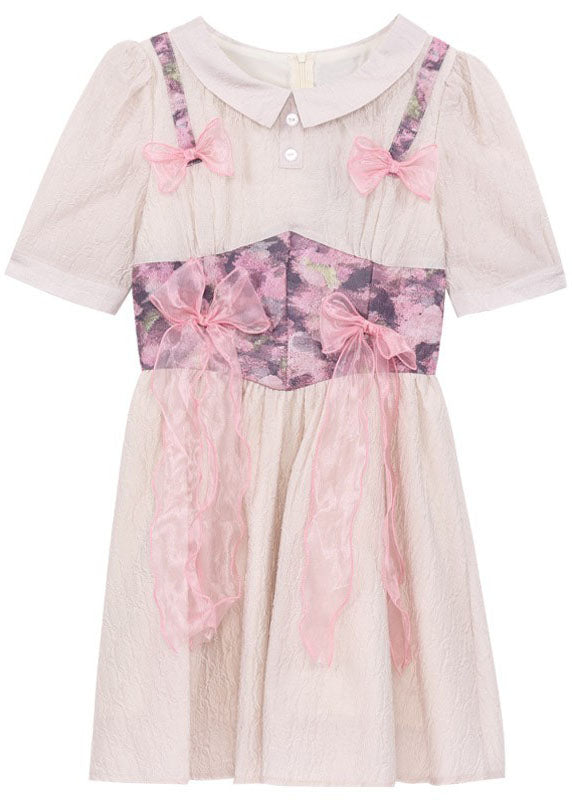 Grey Pink Bow Patchwork Print Silk Day Dress Summer