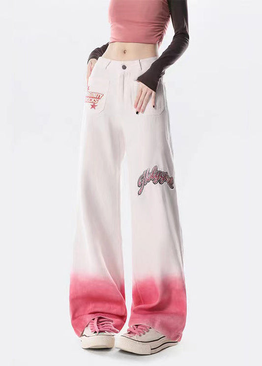Gradient Pink Embroideried High Waist Denim Straight Pants Spring
