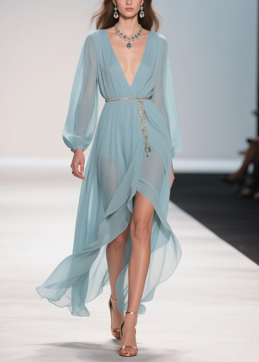 Original Design Pale Mint Blue Low High Design Chiffon Long Dress Spring