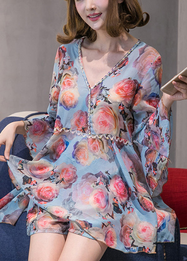 Fitted Sky Blue Ruffled Chiffon Top Hot Pants Two Piece Set Flare Sleeve