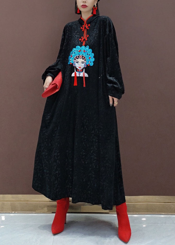Black Oriental Velour Long Dresses Spring