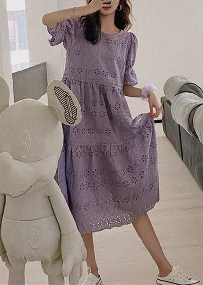 Purple Embroideried Hollow Out Patchwork Cotton Dress Puff Sleeve