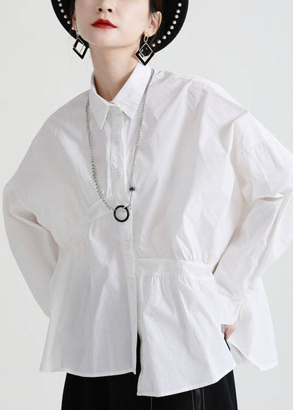 Modern White Peterpan Collar Button Patchwork Asymmetrical Design Fall Top Long Sleeve