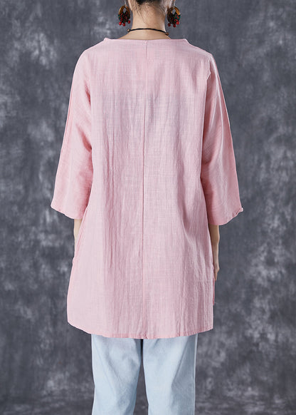 Pink Asymmetrical Print Linen Blouse Tops Fall