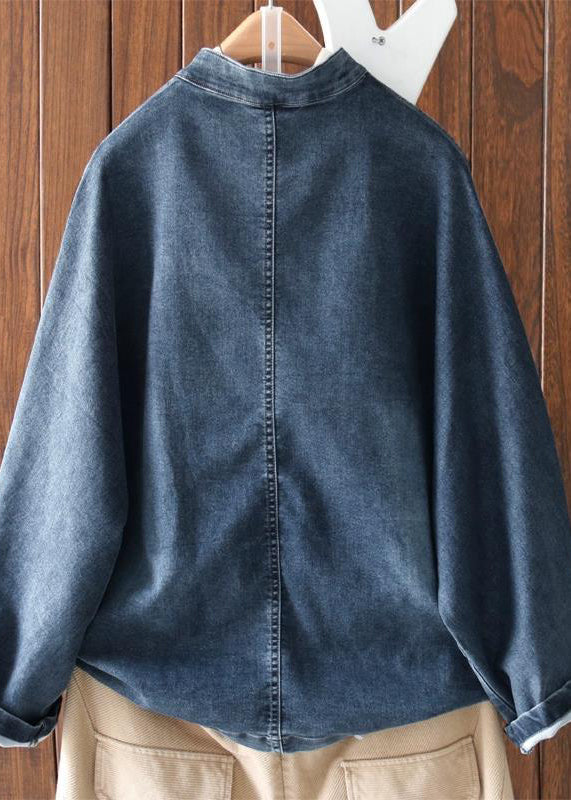 Navy Stand Collar Pockets Patchwork Denim Top Fall