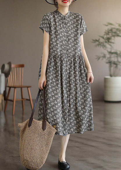 Retro Grey Stand Collar Print Linen Long Dresses Summer