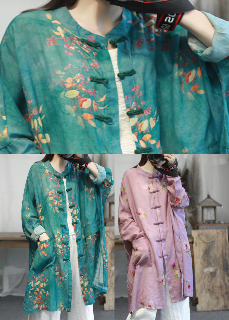 Diy Green Stand Collar Pockets Print Button Linen Coats Long Sleeve