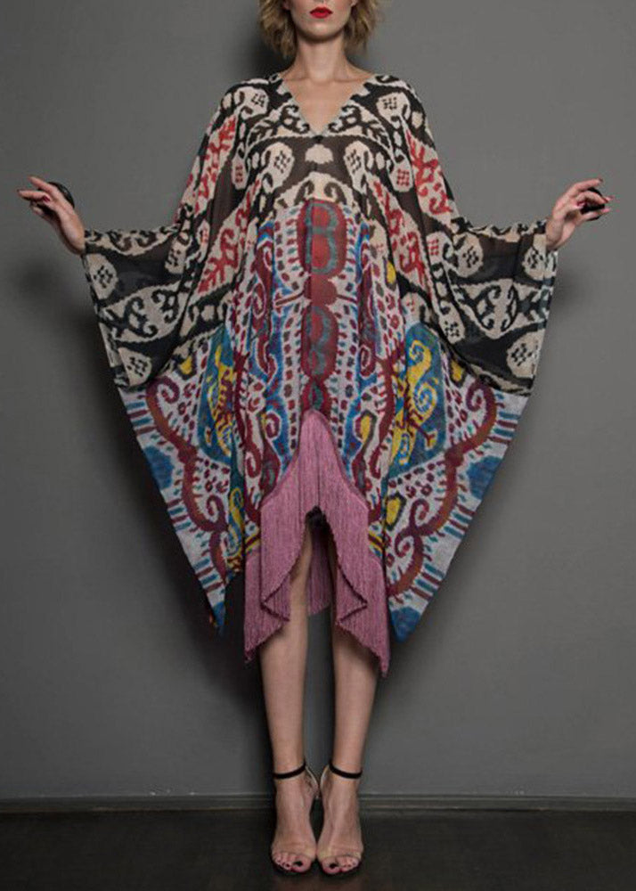Novelty White V Neck Asymmetrical Print Tassel Patchwork Long Dress Long Sleeve