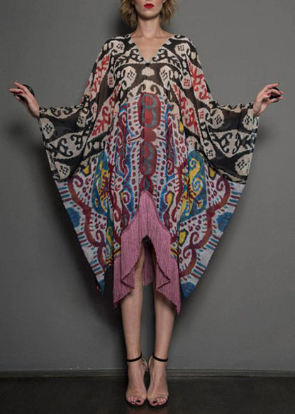 Novelty White V Neck Asymmetrical Print Tassel Patchwork Long Dress Long Sleeve