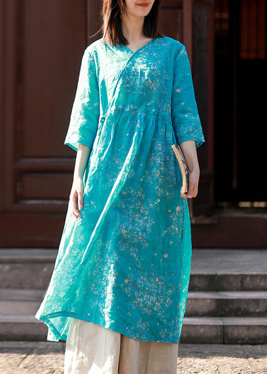 Blue V Neck Tie Waist Print Linen Dress Half Sleeve