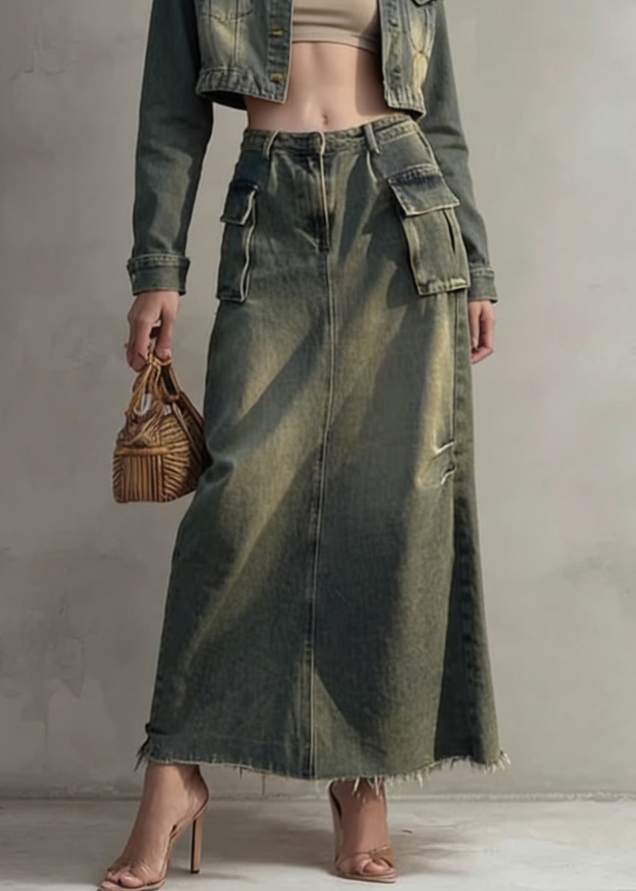 Stylish Peter Pan Collar Coat and Skirts Denim Two Pieces Set Spring