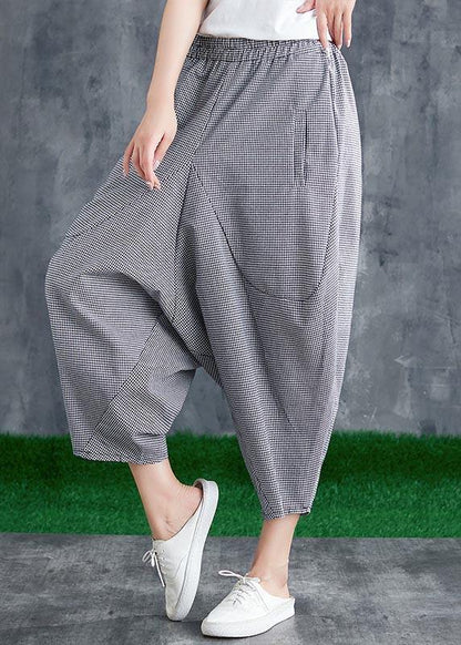 Stitching Cotton Linen Drop Crotch Pants Summer Linen Plaid Loose Large Size