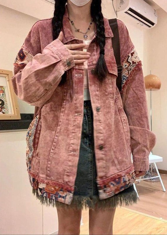 Pink Peter Pan Collar Button Patchwork Denim Coat Spring