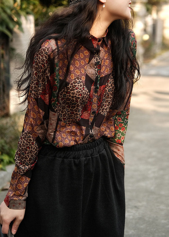 Coffee Peter Pan Collar Print Linen Shirts Spring