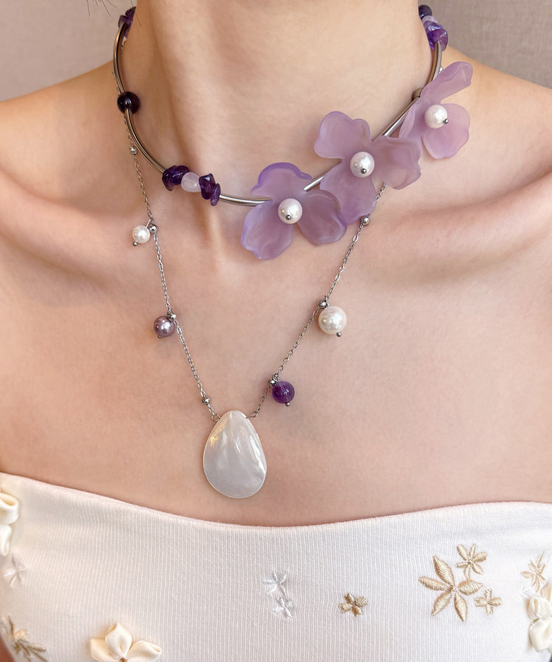 Purple Pearl Shell Alloy Two Piece Set Pendant Necklace