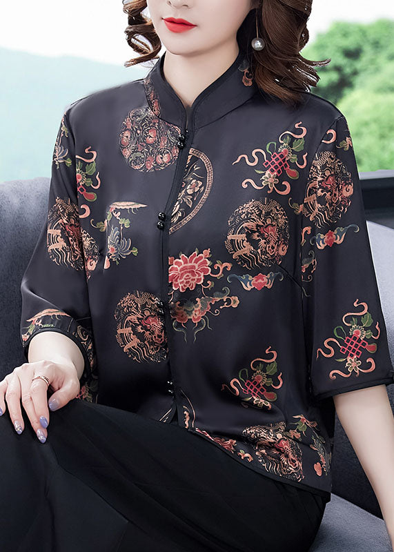 Black Mandarin Collar Button Print Silk Shirt Tops Half Sleeve