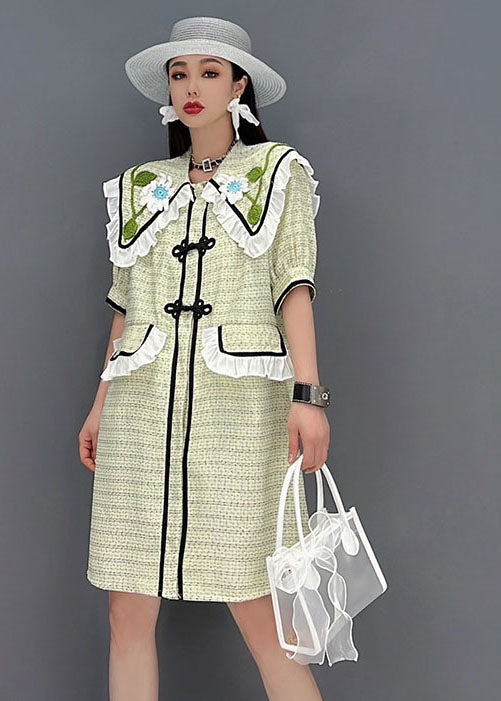 Green Sailor Collar Patchwork Ruffled Cotton Maxi Dress Short Sleeve