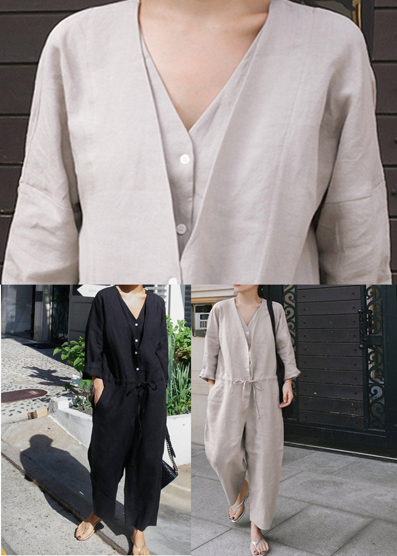 Grey V Neck Button Linen Jumpsuit Spring