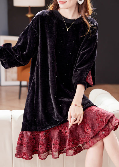 Loose Black Nail Bead Lace Patchwork Silk Velour Dress Winter