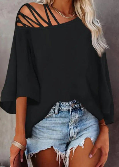 New Black Hollow Out Loose Top Batwing Sleeve
