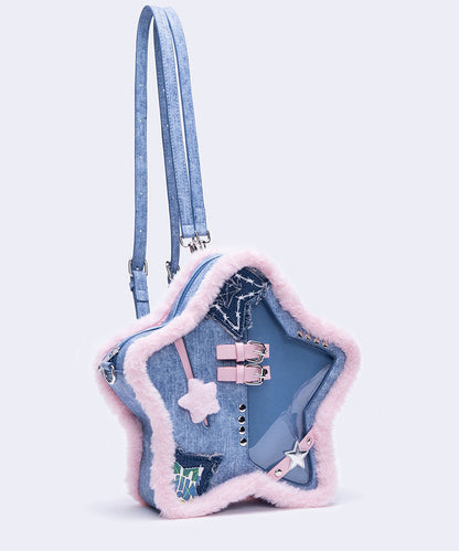 Blue Star Shaped Patchwork Denim Backpack Bag