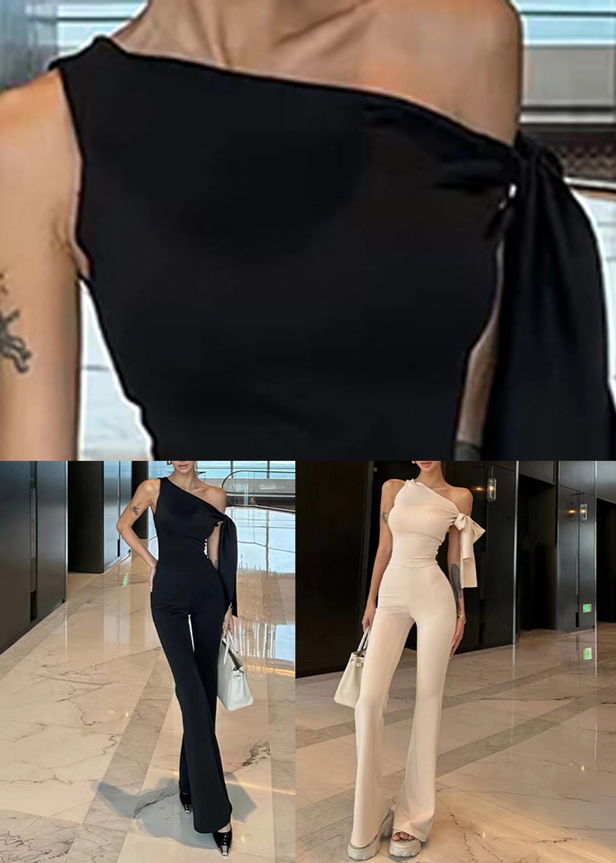 Black Bow Knit Top and Pants Two Pieces Set Summer