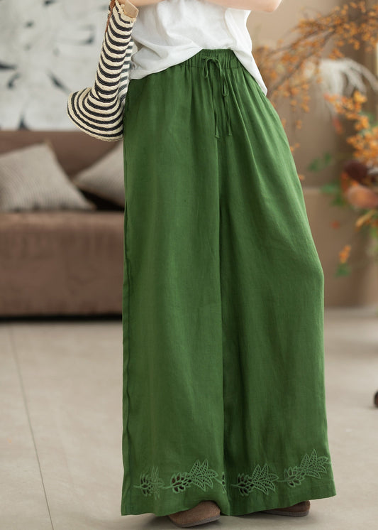 Italian Green Embroidered Hollow Out Linen Straight Pants Summer