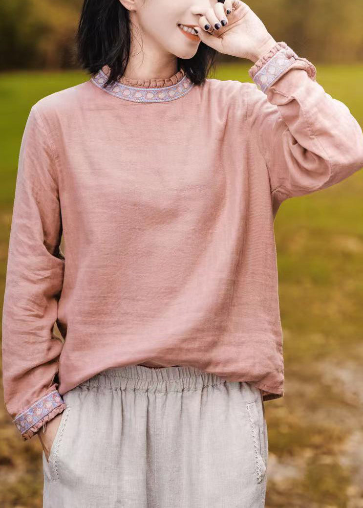 Pink O-neck Ruffled Patchwork Embroideried T Shirt Long Sleeve