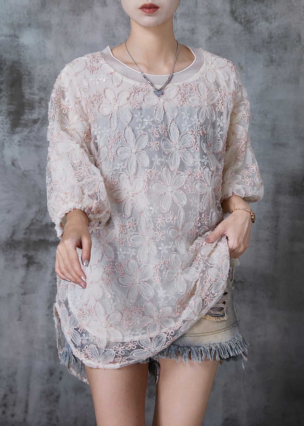 Light Pink Embroideried Tulle Tanks Summer