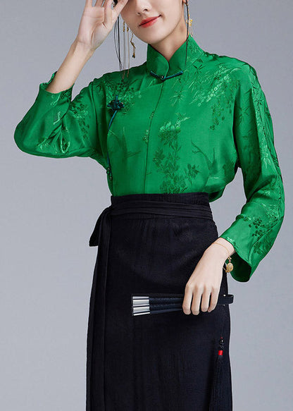 Green Stand Collar Jacquard Diagonal Button Silk Top Long Sleeve