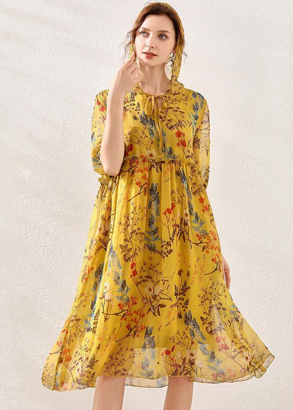 Yellow Print Hooded Patchwork Summer Chiffon Summer Dresses