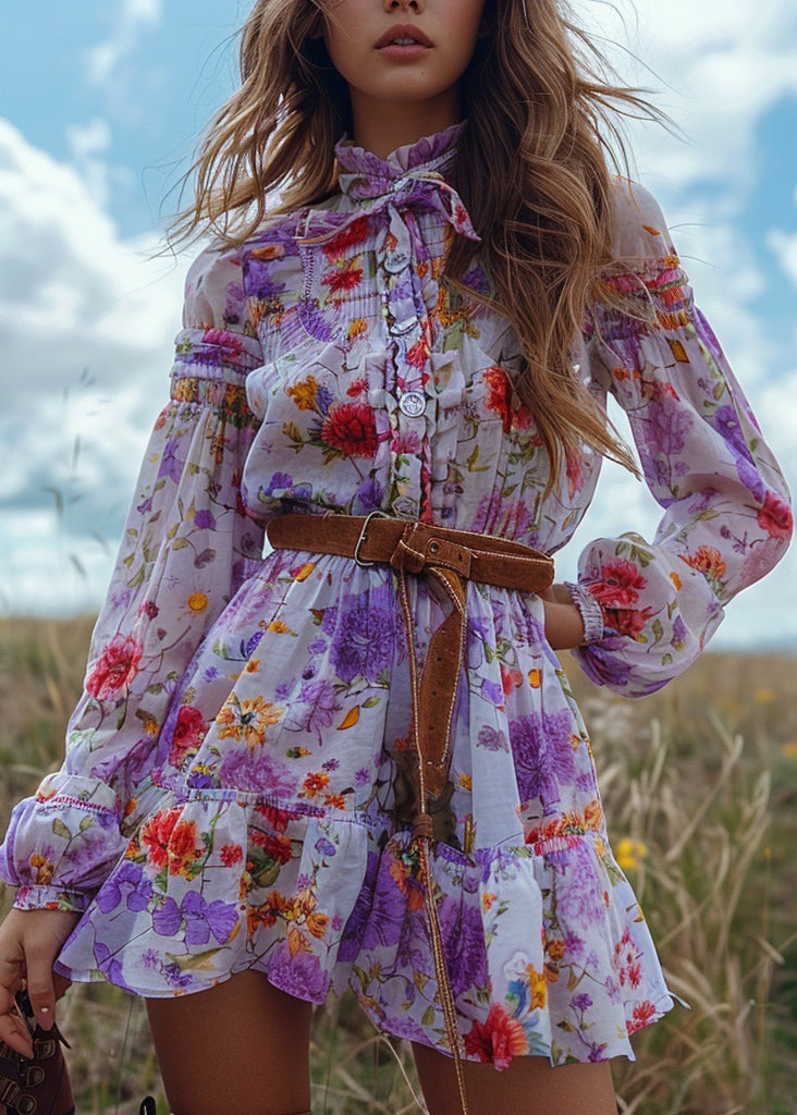 Pastoral Style Ruffled Patchwork Mini Dress Long Sleeved