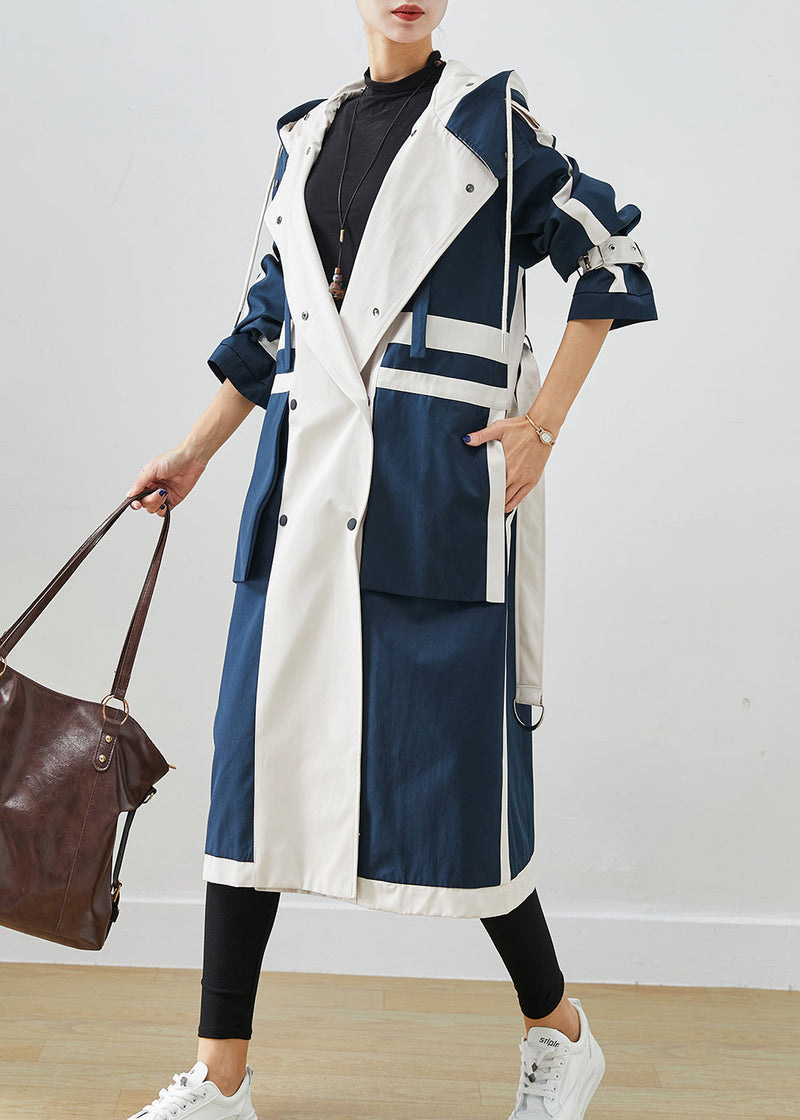 Navy Oversized Patchwork Original Design Cotton Trench Coats Fall
