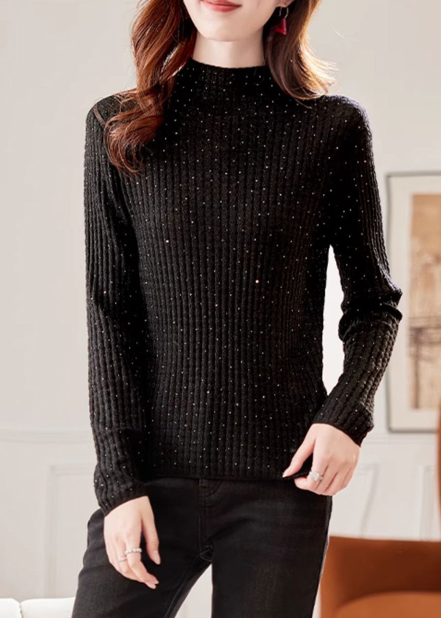 Handmade Black Turtleneck Zircon Knit Sweater Winter
