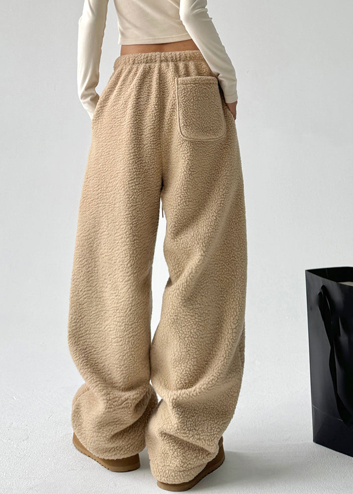 Yellow Pockets Drawstring Faux Fur Thick Trousers Spring