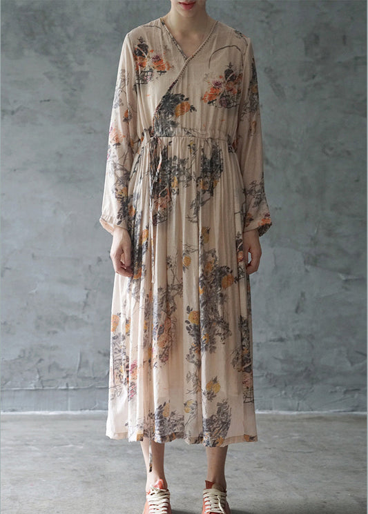 Italian Orange Tie Waist V Neck Print Party Dress Long Sleeve