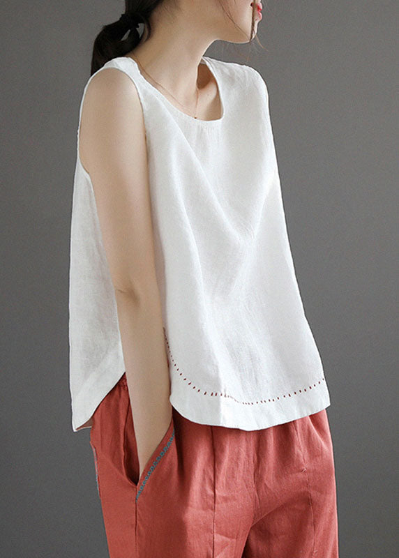 Simple Blue O-neck Embroideried Linen Beach Vest Sleeveless