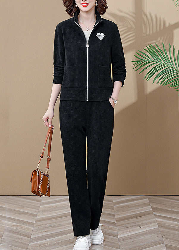 Black Zip Up Coats and Wide Leg Pants Two Piece Set Long Sleeve