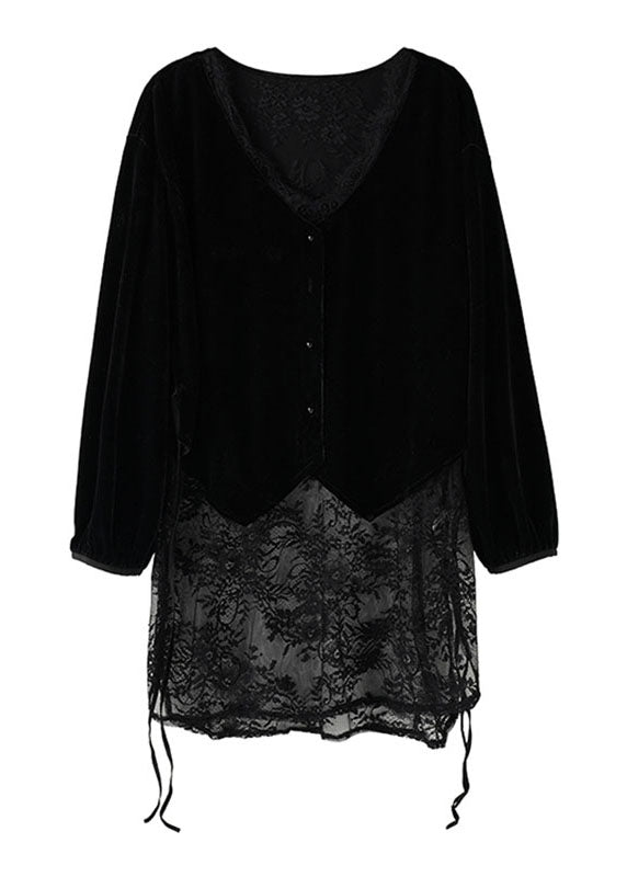 Black V Neck Lace Patchwork Silk Velour Top Long Sleeve