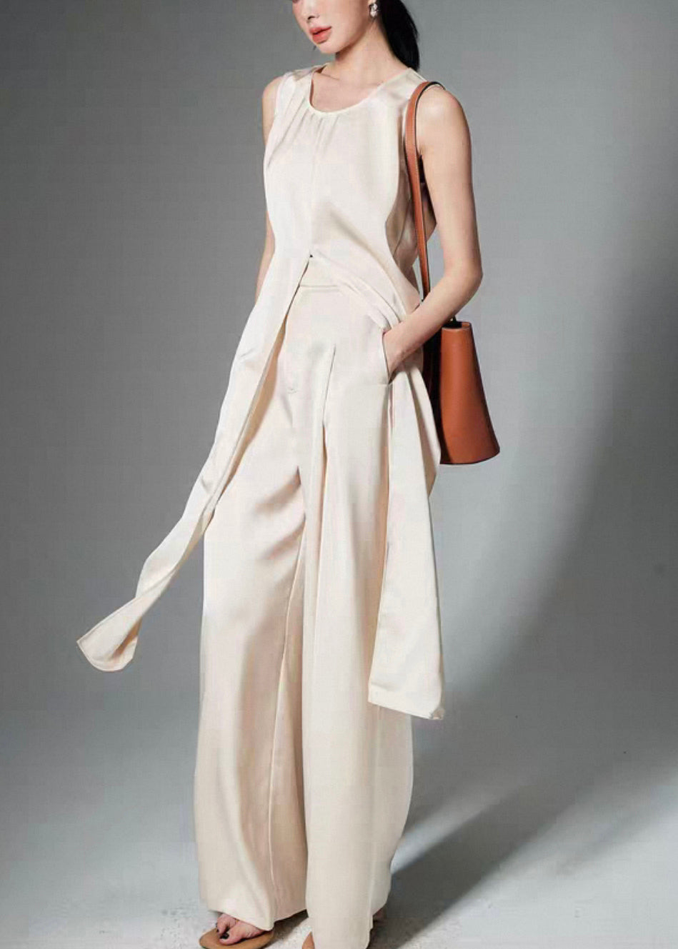 Beige Front Open Tops and Pants Silk Two Pieces Set Sleeveless