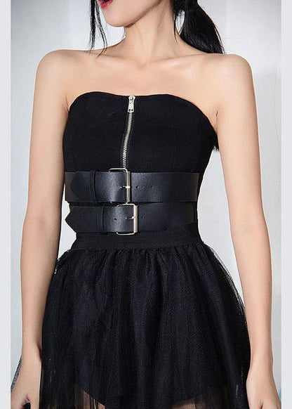 Black Breast Wrapping + Tulle Asymmetrical Design Skirt Two Piece Set