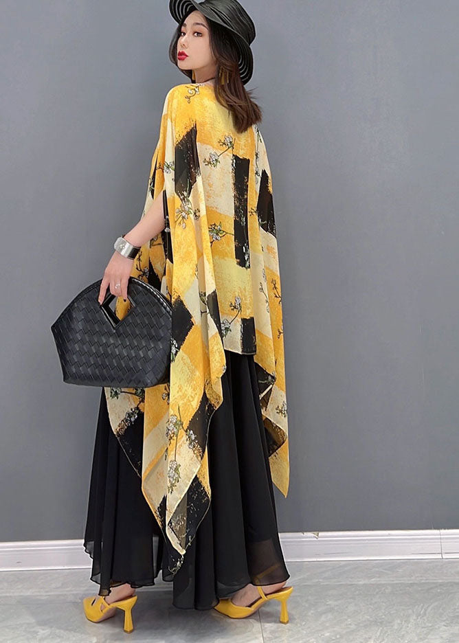 Yellow Asymmetrical Print Chiffon Tops and Skirts Two Piece Outfit Summer