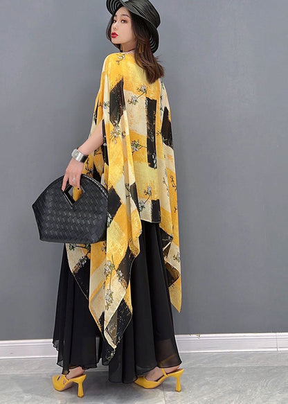 Yellow Asymmetrical Print Chiffon Tops and Skirts Two Piece Outfit Summer