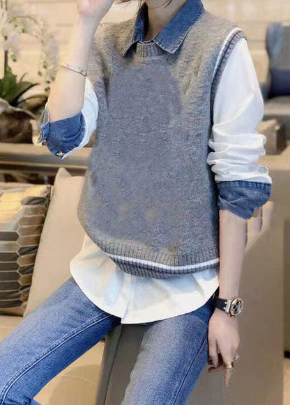 Grey Denim Patchwork Shirt and Vest Autumn New Two-piece Set