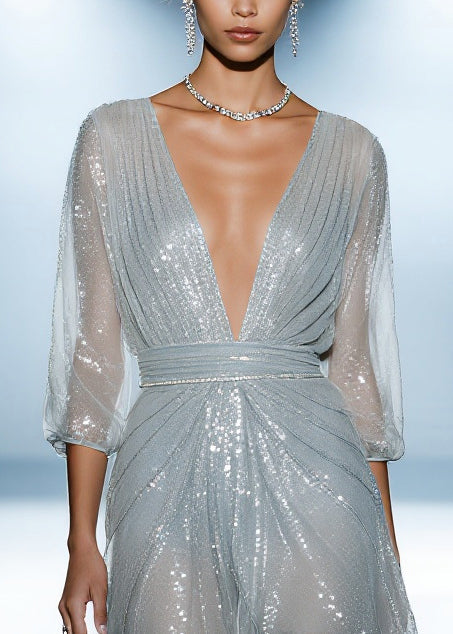 Sky Blue Sequins Tulle Dinner Dress Summer
