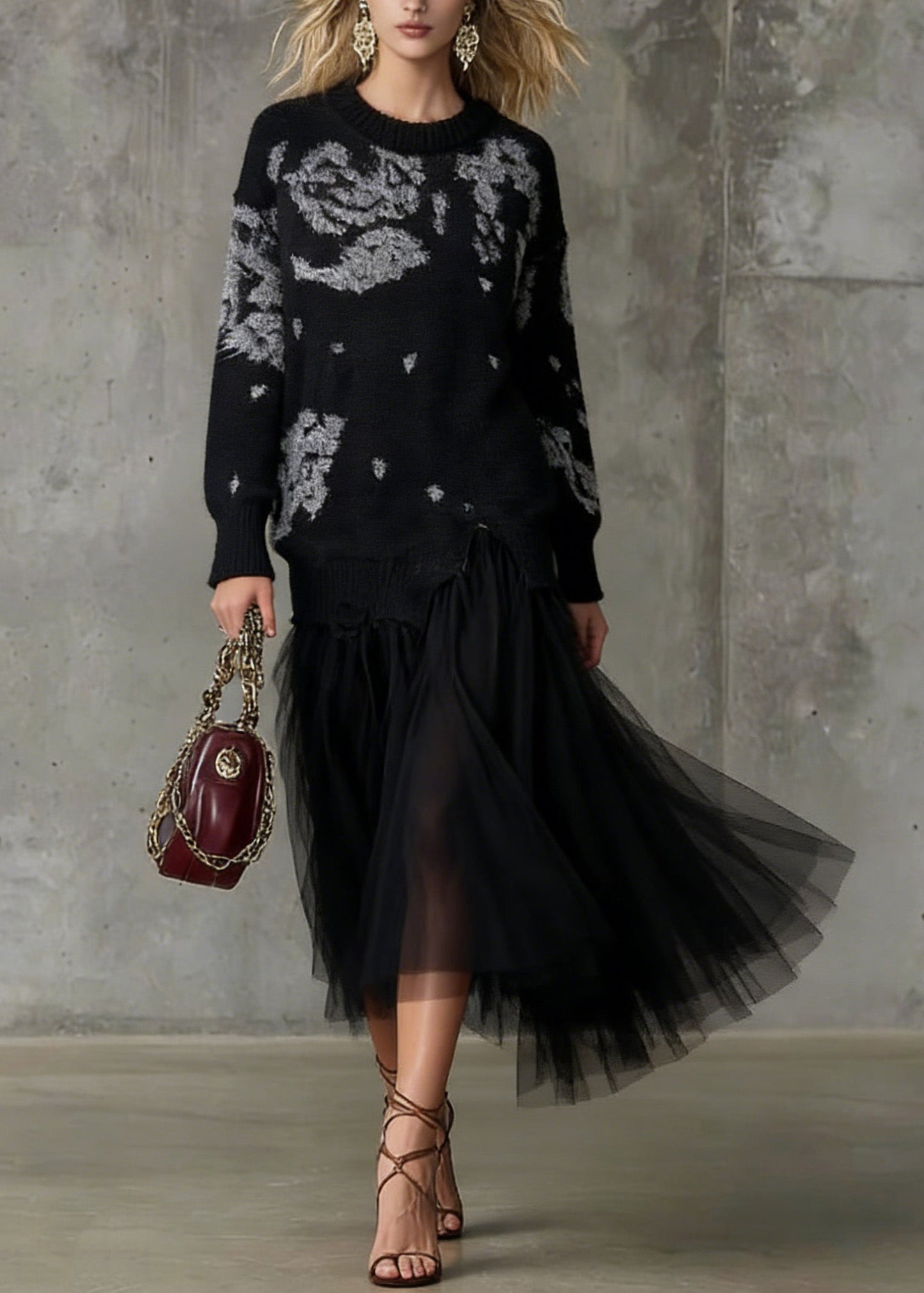 Stylish Black O Neck Print Tulle Patchwork Long Knit Dress Spring