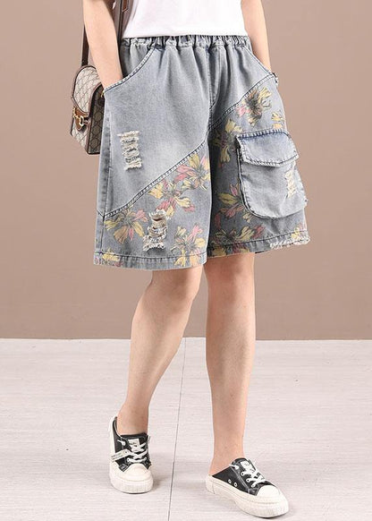Organic Grey Patchwork Print Denim Hot Pants