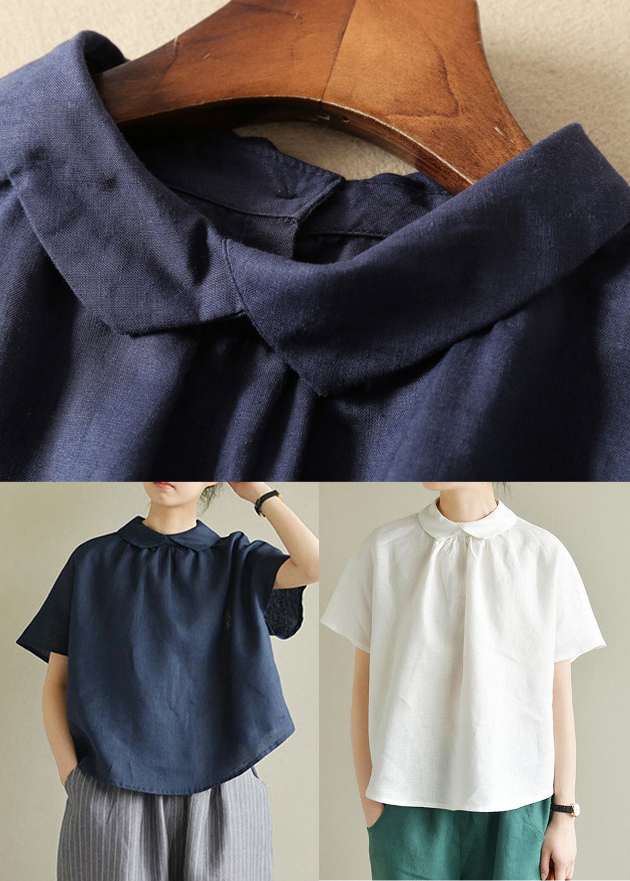 Loose White Peter Pan Collar Linen Top Summer