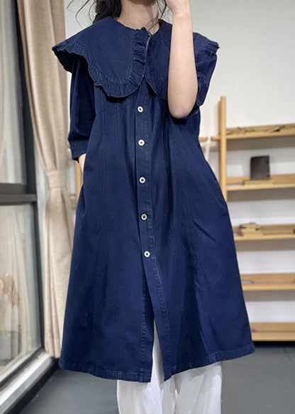 Denim Blue Peter Pan Collar Ruffled Cotton Vacation Dresses Short Sleeve