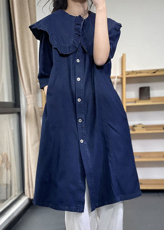 Denim Blue Peter Pan Collar Ruffled Cotton Vacation Dresses Short Sleeve